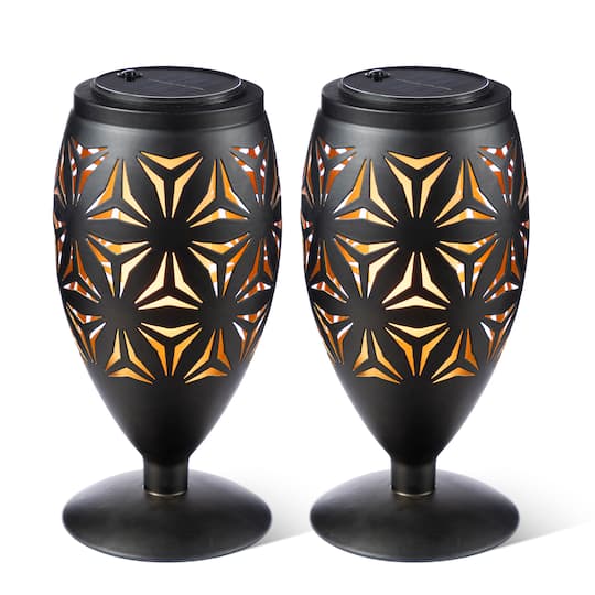 Glitzhome® 8.75" Set of 2 LED Black Metal Starburst Cutout Solar Powered Outdoor Lantern Set
